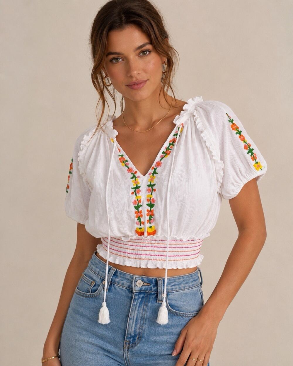 Cleobella Embroidered Cropped Peasant Top Size SMALL Floral Boho Tassels Beach